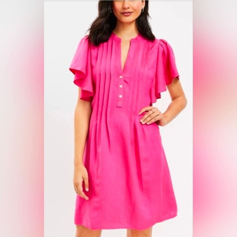Ann Taylor Loft Fuchsia Pink Flutter Sleeve Linen Blend Pleat Tunic Dress Sz XXL - Picture 1 of 8
